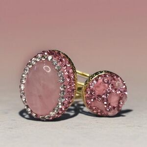 18k Gold Plated Rose Quartz Pink Girly AB Crystal Chunky Ring